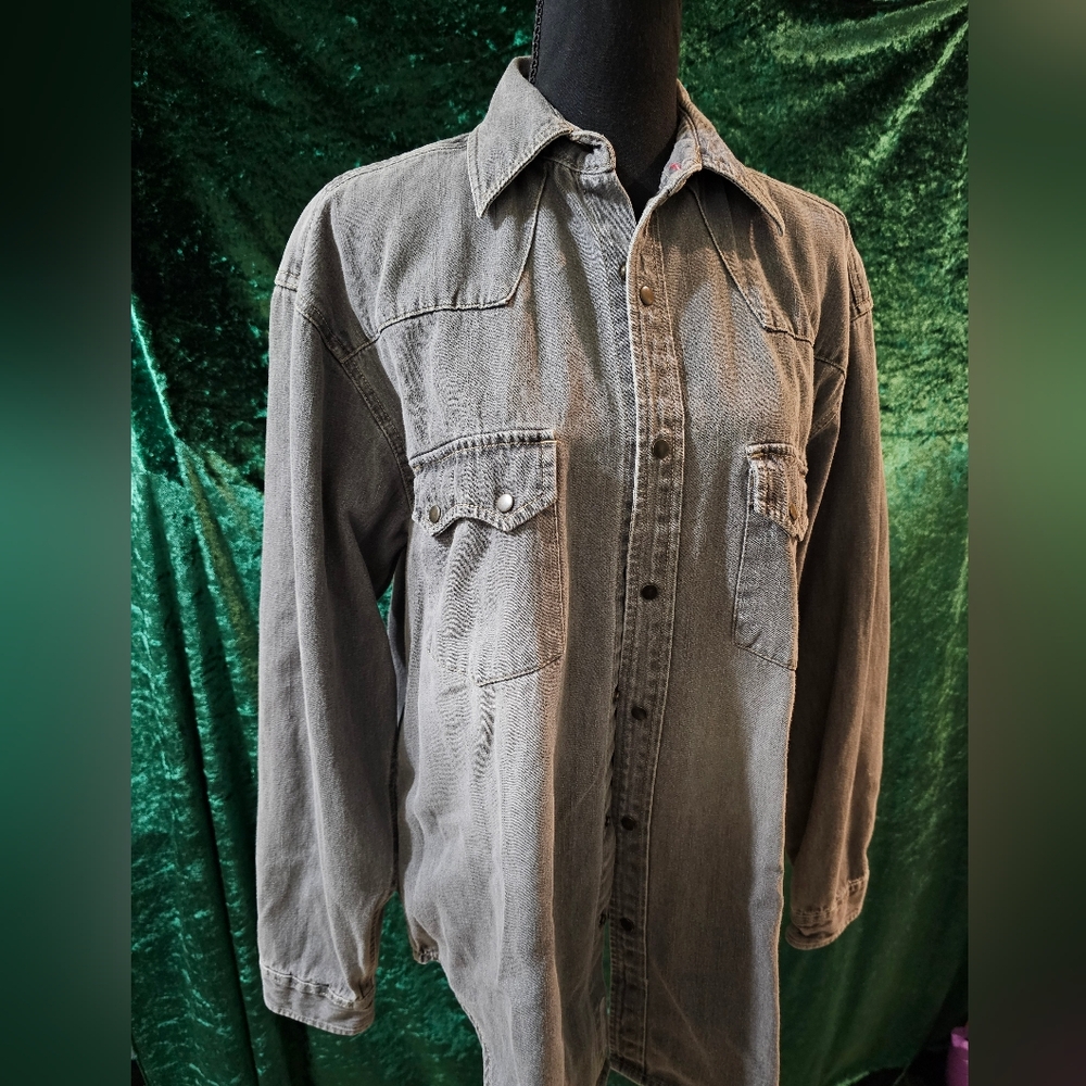 Bugle Boy Gray Denim M Snap Closure 100% Cotton Shirt Western Look Cut